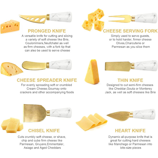 Sett med 6 gullfargede ostekniver, smøresprederkniver med marmorhåndtak, ostekutter med ergonomisk keramisk håndtak, osthøvel og gaffel til bursdag, bryllup, fest