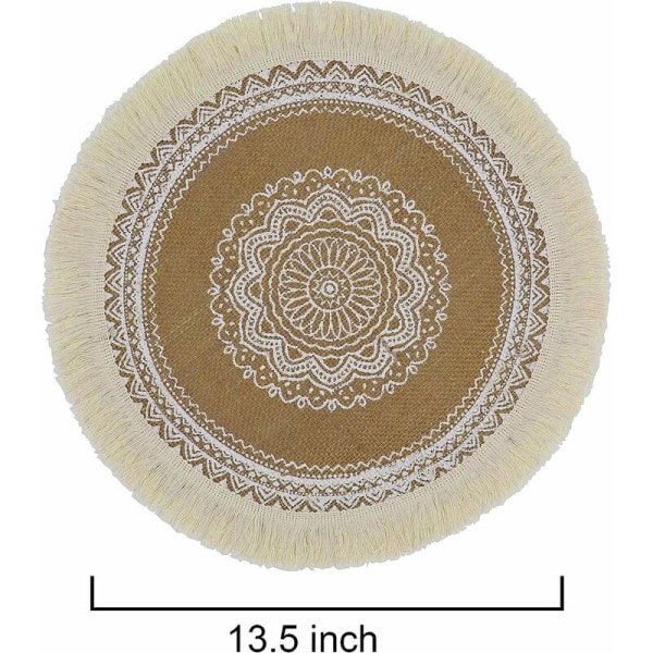Matsatsunderlägg i 4-pack, runda med tofsar, bohemiska tallriksunderlägg, bondgård, jute, macramé