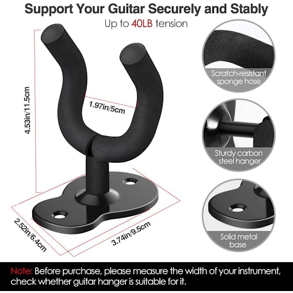 Guitarvægbeslag [3-pak], skridsikker metalguitarholder til akustisk