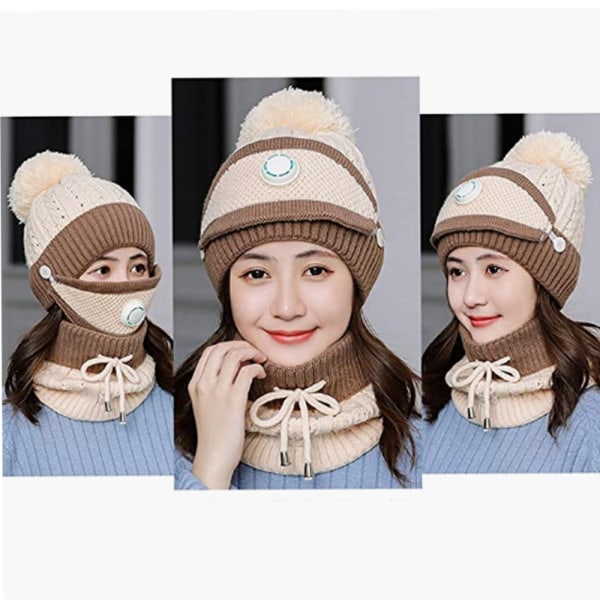 Hiv mode ridning hatt öra skyddande ull hatt mask slipsar mode koreanska stickad varm tredelad hatt set (beige)