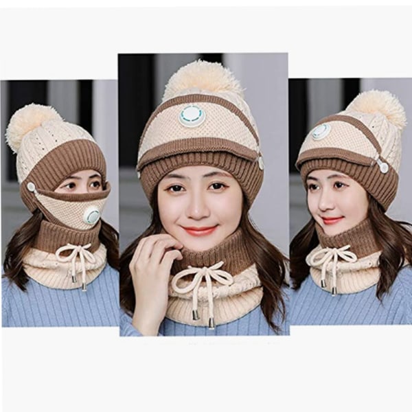 Hiver mode ridning hat ørebeskytter uld hat maske slips mode koreansk strik varm tre stykker hat sæt (beige)