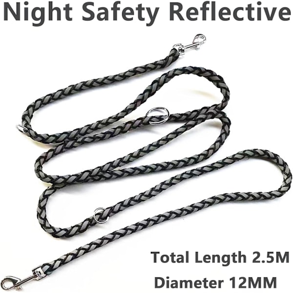 Hundetau Leash, Refleksjusterbar Nylon Dobbel Leash med 2 Karabiner og 3 Ringer, 2.1m Svart Multifunksjonell Hundeleash for Små/Middels/Store Hunder