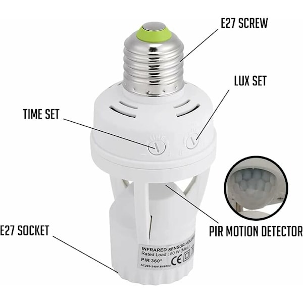 Sockel med PIR-rörelsesensor Glödlampor med E27-sockel för inomhusbruk med tids- och ljusjustering (Glödlampa ingår ej)