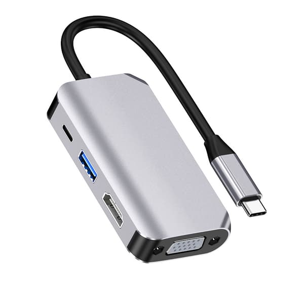 4 i 1 USB C HUB, dokkingstasjonadapter med 4K-HDMI, VGA, grå