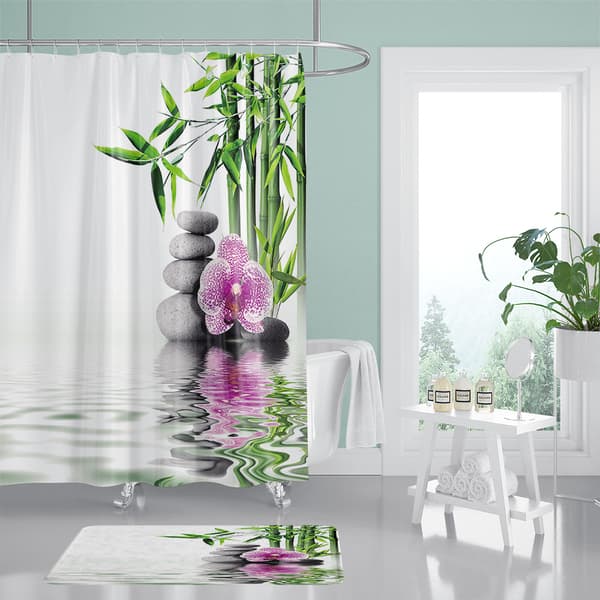 Vit duschdraperi med krok bambu blomma duschdraperi rosa，