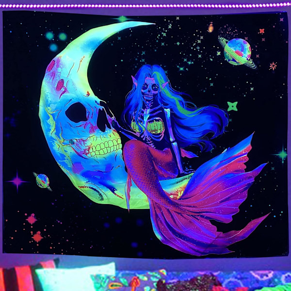Musta valo Kallo Mermaids Kuu Seinävaate UV Reaktiivinen Musta Valo Psykedeelinen Avaruus Luuranko Seinävaate Seinävaate Musta Valo Seinävaatteet Makuuhuoneen Olohuoneen Juhliin 59*51inch