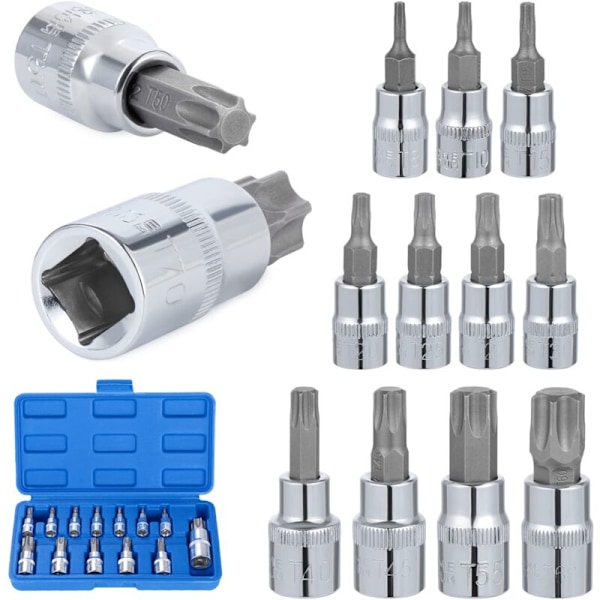 13 stk. Torx topnøglesæt, T8 - T70 topnøglesæt, hun-Torx toppe, Torx bit topnøglesæt, krom vanadium stål 1/4\", 3/8\" og 1/2\" drev