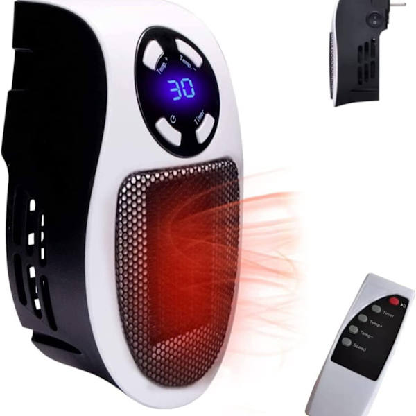 Mini keramisk varmeblæser 500W - Mini varmeblæser med fjernbetjening - Timer 1-12 timer - Termostat 15° til 30° - stik
