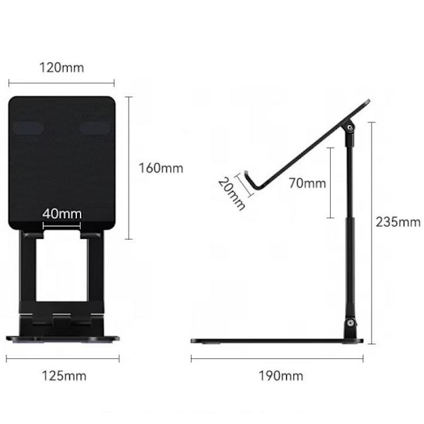 Sammenleggbart og høydejusterbart nettbrettstativ for skrivebord, robust iPad-holder i aluminium, kompatibelt med 4\" til 13\" nettbrett - Svart