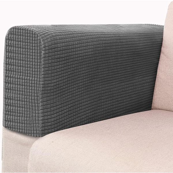Pakke med sofaarmlene-beskyttere for lenestoler og sofaer - Sklisikre, premium, elastiske og strekkbare trekk (Mørk grå)