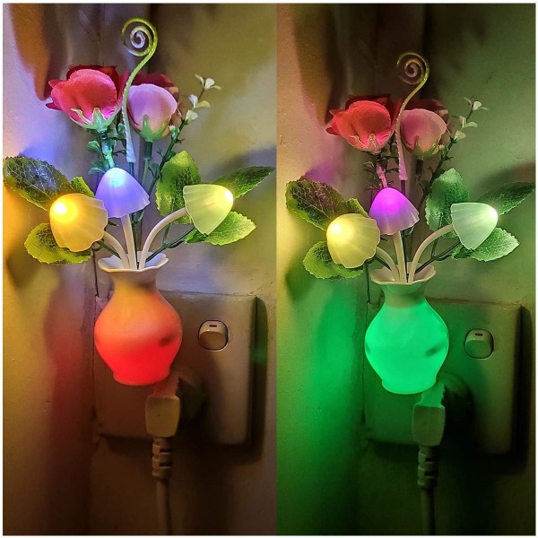 2-pack LED-nattlampa med automatisk skymningssensor, 0,5 W energibesparande lampa dröm nattlampa ros blomma svamp nattlampor för barn vuxna sovrum, badrum, vardagsrum, kök, hall