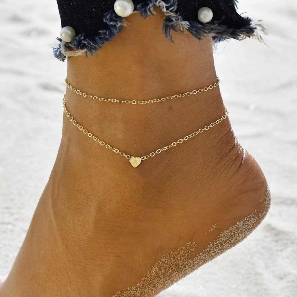 Heart Initial Ankle Bracelets for Women,Handmade Dainty Layered A