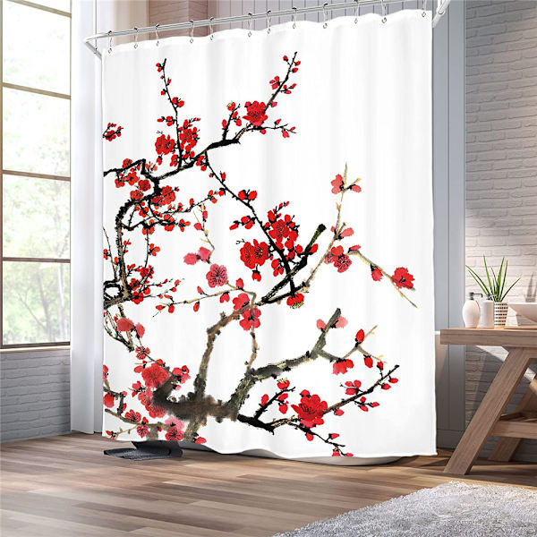 Körsbärsblomma Duschdraperi Röd 180 x 180 cm Badgardin Polyestertyg Mögelbeständig Vattentät Tvättbar Badrumsdraperi med Krokar för Badkar