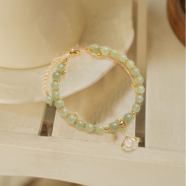 Jade Lucky Gold Leaf Bangle, Naturlig Dobbelt Lag Justerbar Armbånd, Smykker Håndleddsbånd