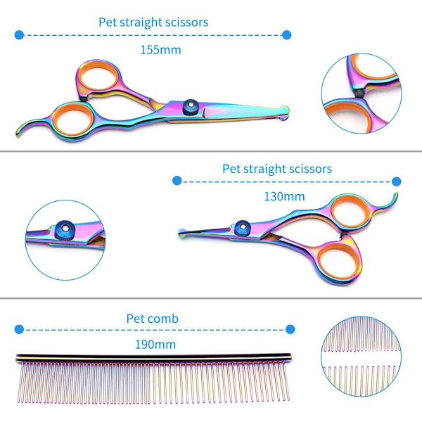 Koirahoitotarvikesarja, 5 kappaletta lemmikkieläinten hoitosaksia, ruostumattomasta teräksestä valmistettu ammattimainen leikkurisarja, ohennussakset, kaarevat sakset, hoitokampa