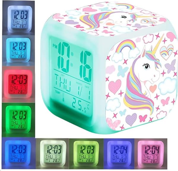 Enhjørning Digital Vækkeure til Piger, LED Nattelys Cube LC