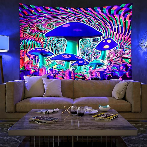 Trippy veggteppe av blacklight-sopp for soveromsestetikk, Tri
