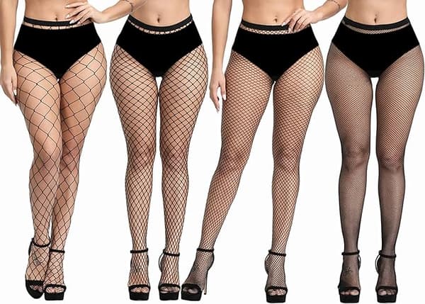 4-pak Plus Size Fishnet Strømper, Svart Fishnet Strømpebukser Lårhøye S