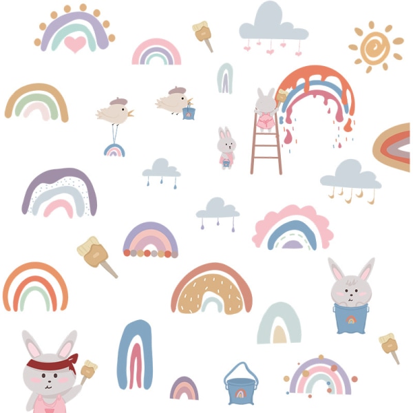 En set Rainbow Wall Stickers Kaniner Fåglar Moln Sunshine Wall