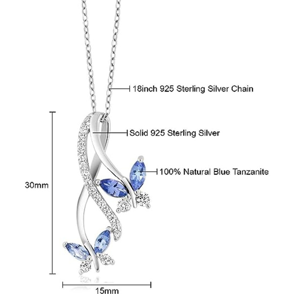 Gem Stone King Blå Tanzanit 925 Sterling Sølv Sommerfugl Uendelighed Vedhæng Halskæde