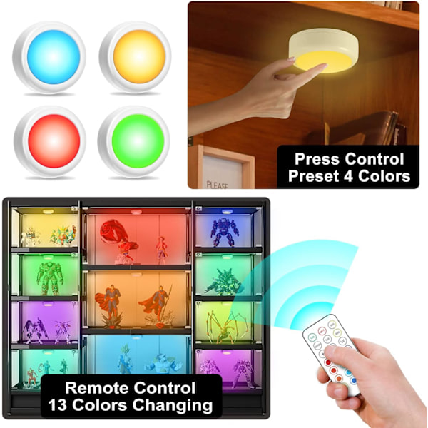 LED-puckljus med trådlös fjärrkontroll, 13 färger RGB justerbar down cabinet Light, batteridriven färgväxlingsljus, festatmosfärsljus för köksskåp rum