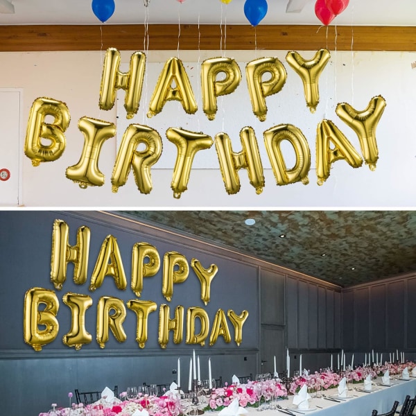 Happy Birthday Banner (3D Guld Bogstaver) Mylar Folie Bogstaver | Oppustelig Fest Dekoration og Event Dekorationer til Børn og Voksne | Genanvendelig, Miljøvenlig Sjov