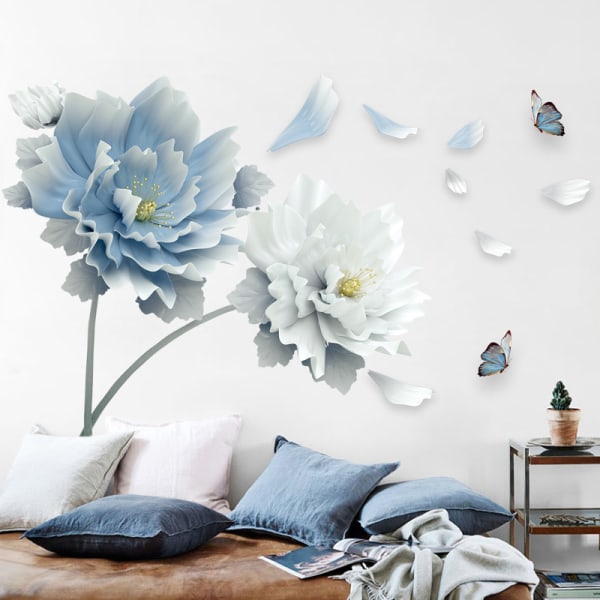 Blue White Flower Wall Sticker Large Lotus Wall Decals Floral and Butterfly Wall