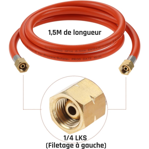 Gassregulator 50 mbar + Gasslange 1m50, tysk standard - 1,5 kg/t 1/4\" LKS