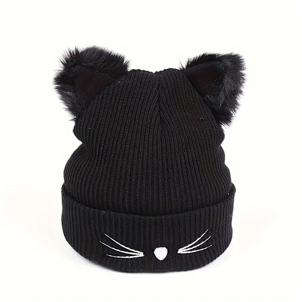 Winter Warm Soft Cat Ears Beanie Hat, Embroidered Wool Hat, Cold Hat, Cute Autumn Winter Warm Hat for Girls Women (Black)