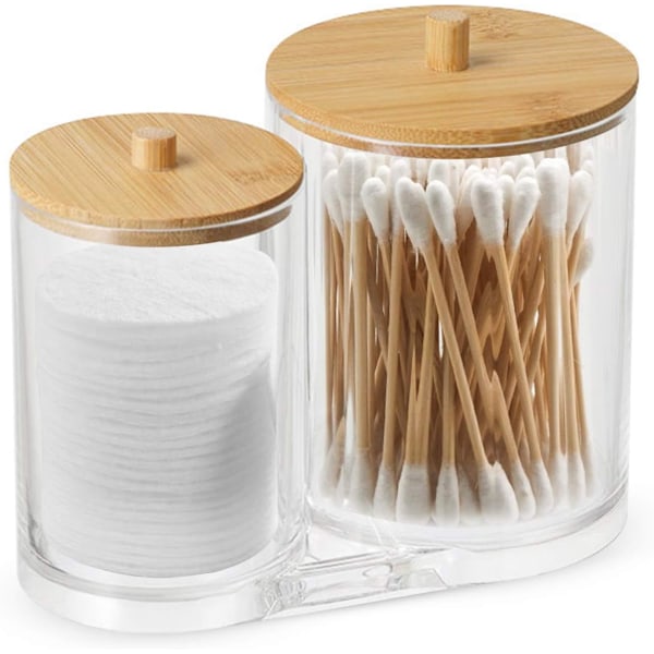 Cotton Swab Holder, Cotton Dispenser, 1 Piece Cotton Swab Box, Made of PS Material, with Wooden Lid, Dustproof and Moistureproof, for Living Room, Be