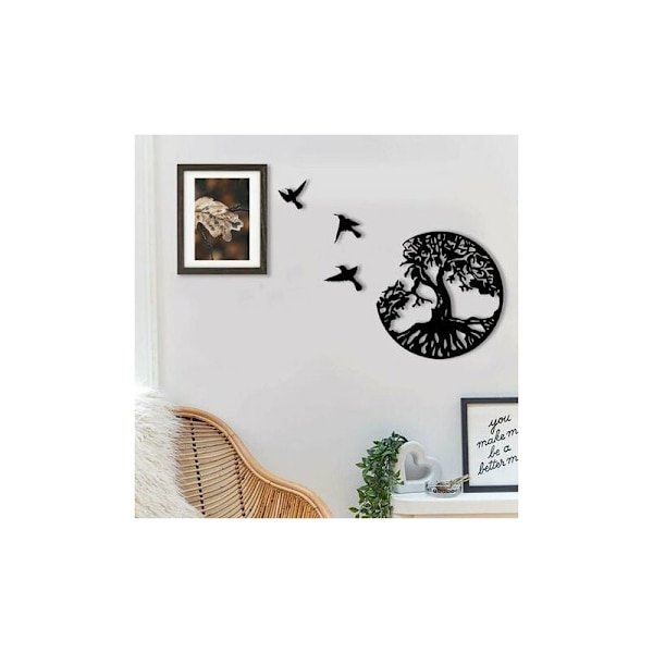 Metalliseinätaide Elämänpuu Linnuilla Deco Musta - 28CM/11.02in