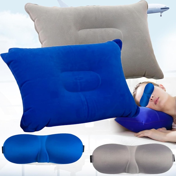 2 st Campingkudde, Uppblåsbar Strandkudde med 2 st 3D Sovmask, Ultralätt Uppblåsbar Resekudde, för Kontor, Strand, Camping, Resor