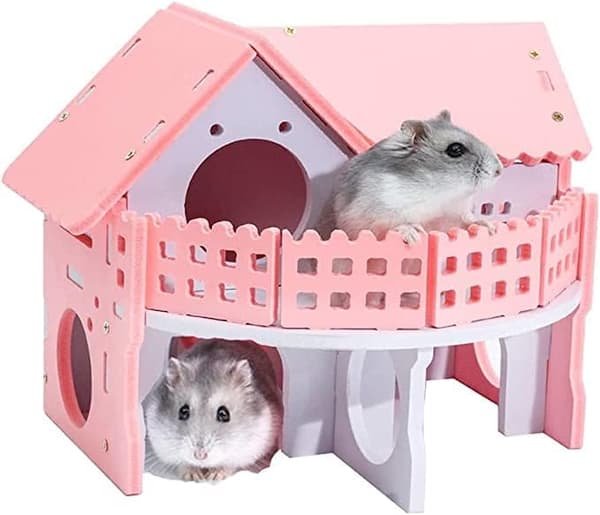 Trähus för hamster, rosa litet hus för husdjur med dubbla våningar