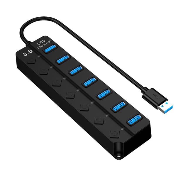 USB 3.0 Hub, USB-datasplitter, [Plug & Play], individuel tænd/sluk-knap og LED til iPhone iPad Samsung Windows Mac Surface (7 porte), 171*46*21mm, sort