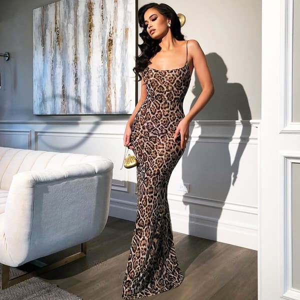 Kvinnors leopardmönstrade blommiga tryck spaghettiband Boho strand lång maxi sommar casual klänning-M