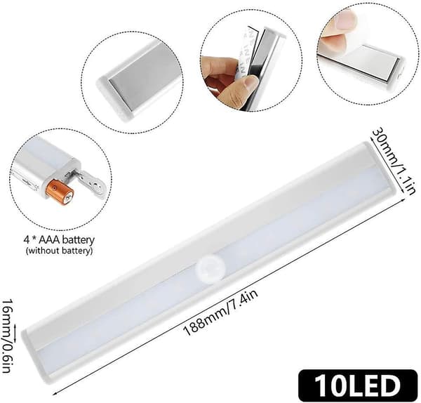 Set med 3 LED-rörelsesensorlampor inomhus garderobslampa 10 LED W