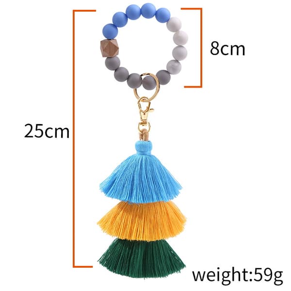 Nyckelring med pärlor och tofs, silikonnyckelring, armband, boho-bil