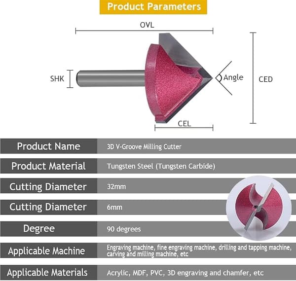 3D V-formet CNC Fræsemaskine, 32mm x 90 Grader (CED x Grader), 6mm