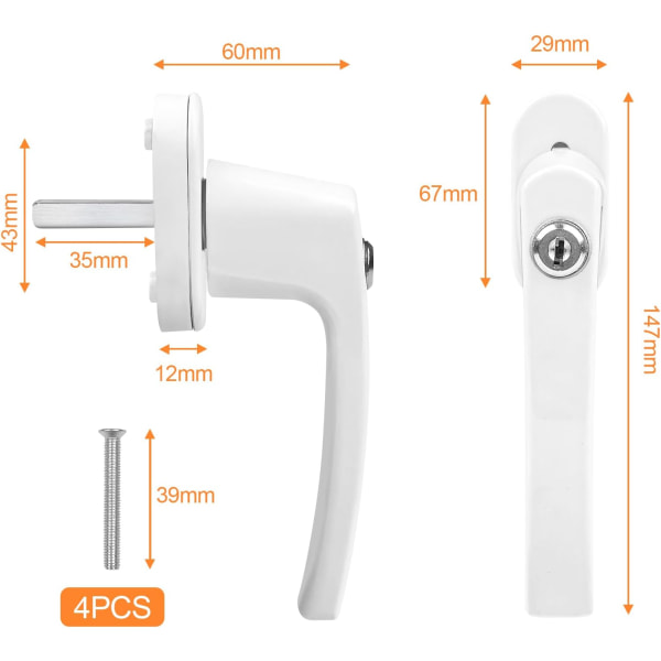 2 stk. aluminiums vinduesgreb med nøgle, aflåseligt vinduesgreb, til alle vinduer