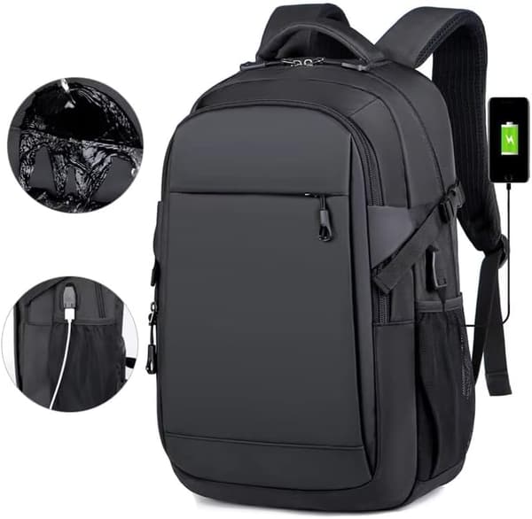 Fritidsrygsæk sort med hovedtelefonstik USB-port, Sort, 45*29*12cm