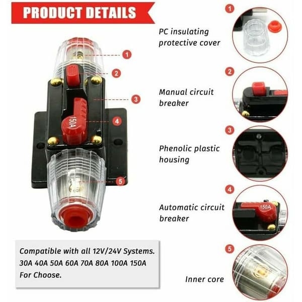 60A automatisk afbryder til bilbeskyttelse 12V - 24V DC med manuel