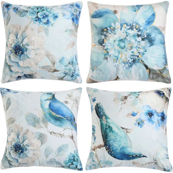 4 stk. pudebetræk dekorativt firkantet pudebetræk med blomster- og fuglemønster 45 x 45 cm sofa bil hjem dekoration pudebetræk blå