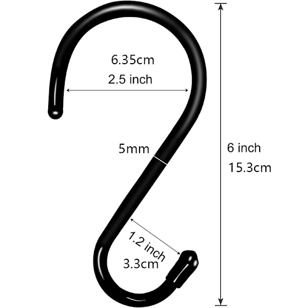 12-pak 15 cm S-kroge, skabskroge, hængekroge, bøjler (12 stk., store, sorte)