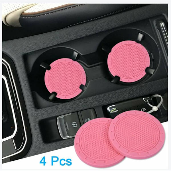 Auton aluslautaset, 4 kpl PVC-auton aluslautasta - Yleismaailmalliset liukumattomat ajoneuvon sisätilatarvikkeet naisille (7 cm halkaisija, vaaleanpunainen)