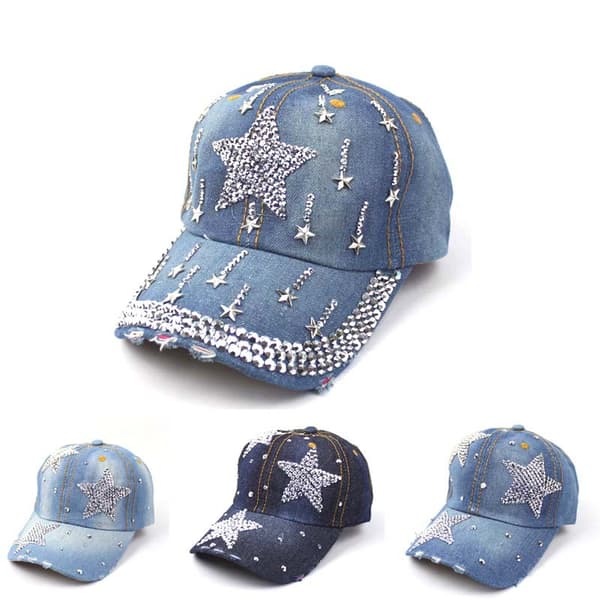 Kvinners Rhinestone Crystal Baseball Cap Bling Studded Denim Hat Adj