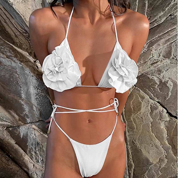 2024 New Fashion Solid Color Sexy Backless Tie Flower Women's Bikini Swimsuit