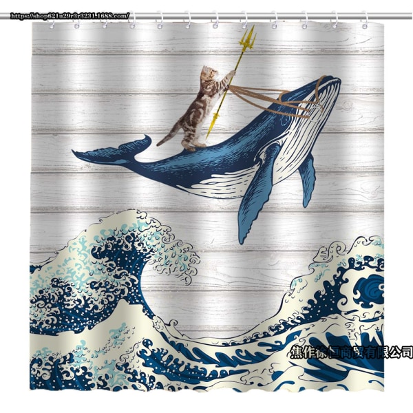 Cool Cat Riding Whale In Ocean Wave Duschdraperi 180x180cm