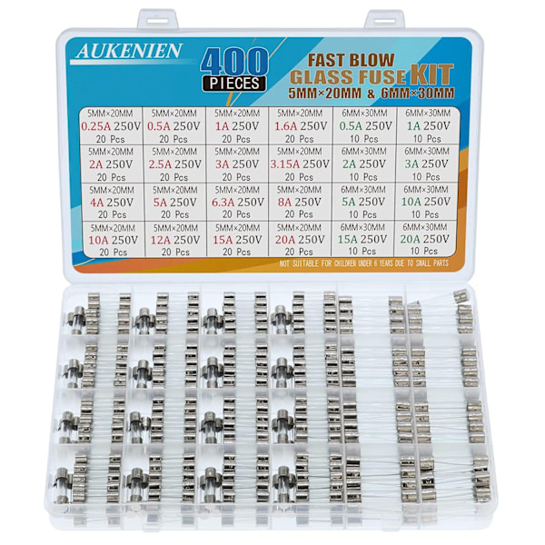 AUKENIEN 24 Værdier 400 Stykker Glassikring 5x20mm 0.25A 0.5A 1A 1.6A 2A 2.5A 3A 3.15A 4A 5A 6.3A 8A 10A 12A 15A 20A 250V 6.3x32 6x30 mm 0.5A 1A 2A 3A 5