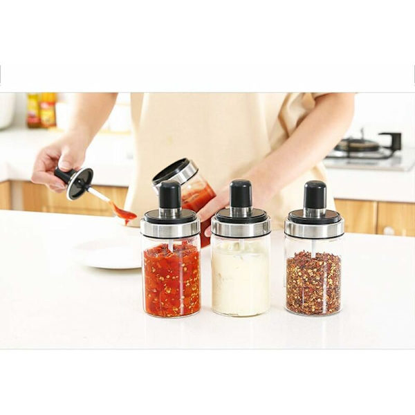 Köks Gourmet Glasburk med skedar, kryddburk set Condiment Cruet Flaska, kökstillbehör, fin design för kök (kryddburk set om 3)