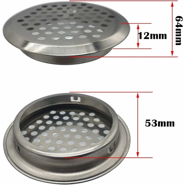 12 stk. 53 mm rustfrit stål ventilationsgitter rundt net åndedræt